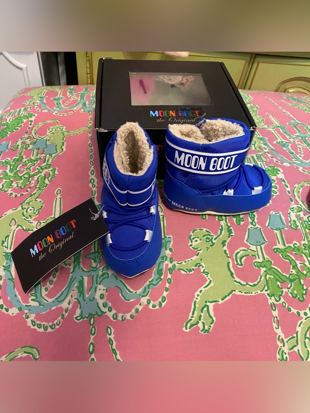 Original Moon Boot crib nylon Blue White Baby size 2/3 NEW in BOX
